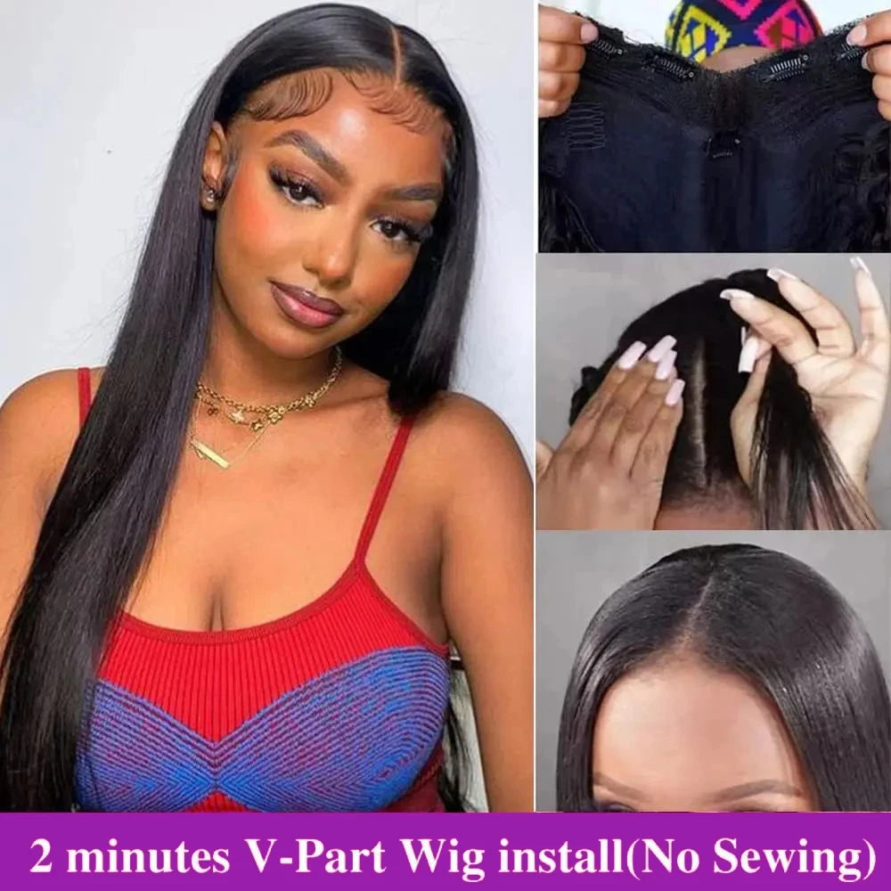 Straight V Part Wig Human Hair wigs For Women Bone Straight Brazilian Remy Hair Full Machine Made V Part Wig No Leave Out