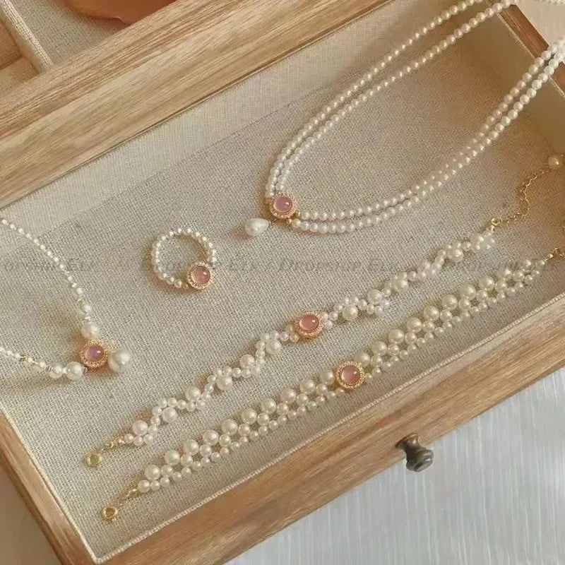 Pearl Jewelry Sets Women Necklace Pendant Necklace Elegant Multi-Layer Neck Chain Pink Chic Luxury Ring Earrings Jewelry Gifts