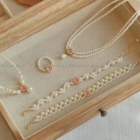 Pearl Jewelry Sets Women Necklace Pendant Necklace Elegant Multi-Layer Neck Chain Pink Chic Luxury Ring Earrings Jewelry Gifts
