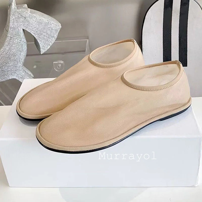Transparent Mesh Net Flat Shoes Women Round Toe Deep Mouth Lazy Loafers Ladies Spring Summer Lightweight Commuter Walking Shoes