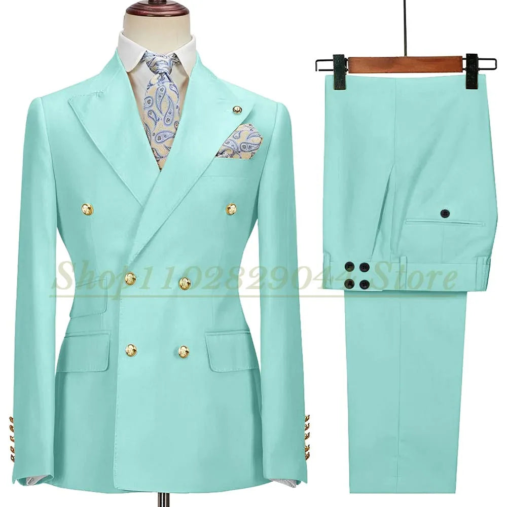 Blazer Hombre Yellow Suits for Men Chic Double Breasted Peak Lapel Elegant Wedding Full Set Male 2 Piece Jacket Pants 031D