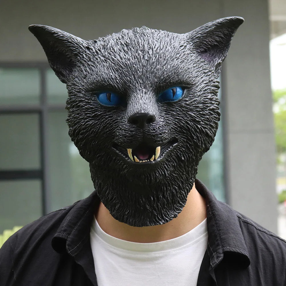 Realistic Full Head Black And White Cat Latex Mask Halloween Animal Cosplay Costume Headgear Carnival Accessory Prank Props Gift