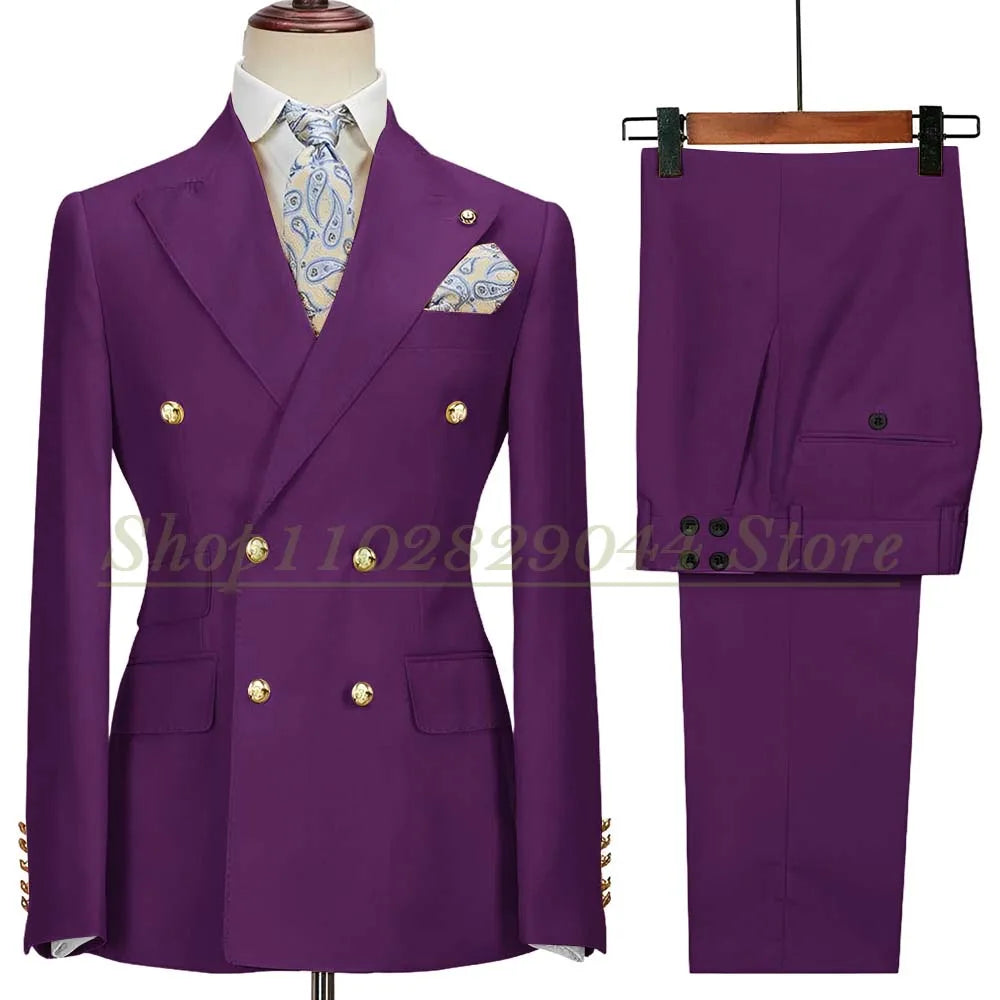 Blazer Hombre Yellow Suits for Men Chic Double Breasted Peak Lapel Elegant Wedding Full Set Male 2 Piece Jacket Pants 031D