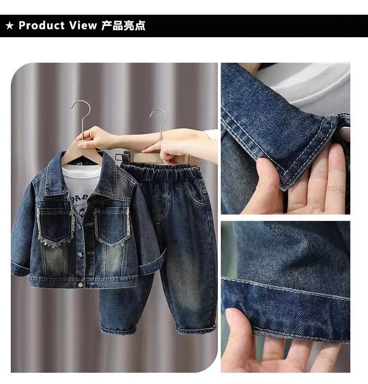 Boys Denim Suit Spring 2025 Spring Autumn New Style Children's Western-style Coat Boys' Fashionable Explosive Street 2 Piece Set