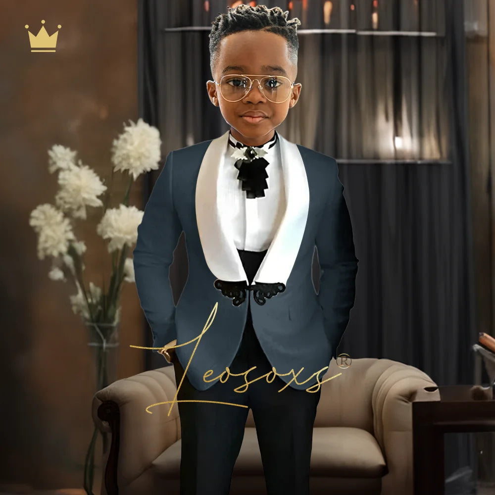 Boys Tuxedo Suit 2 Piece Set, Fashion Black Butterfly Button Jacquard Jacket Black Pants Elegant Slim Wedding Party Formal Wear
