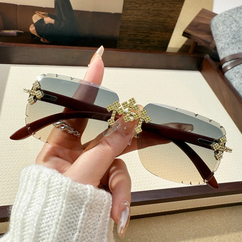 Women's Fashionable Frameless Edged Sunglasses Square Frame Lace Diamond-set Fashionable Glasses 90324