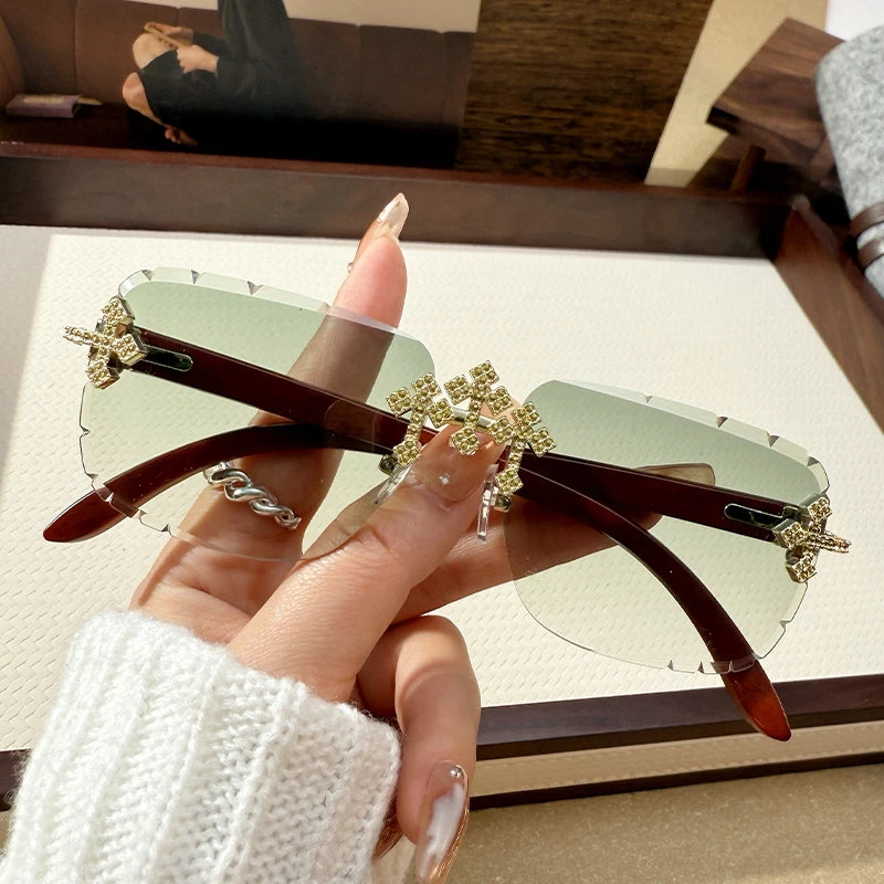 Women's Fashionable Frameless Edged Sunglasses Square Frame Lace Diamond-set Fashionable Glasses 90324