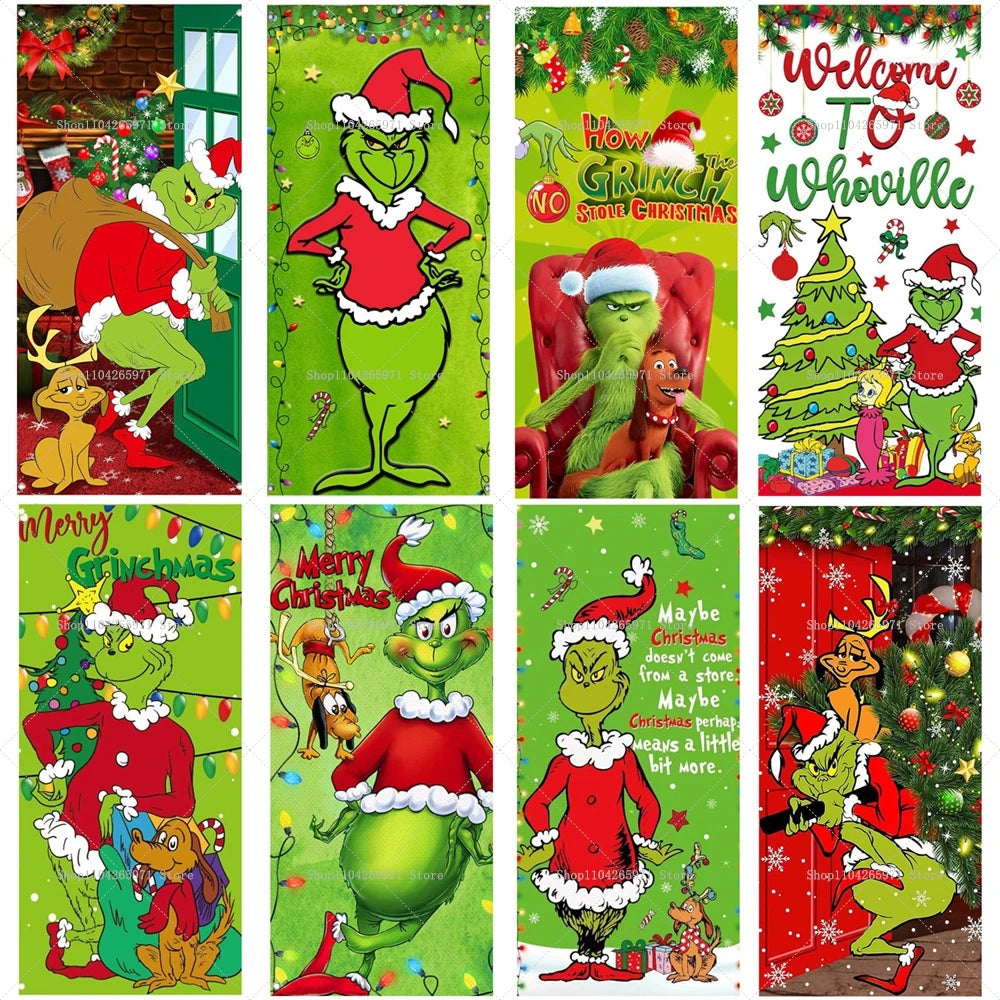Christmas Green Haired Monster Door Cover Background Cloth Banner Christmas Party Scene Decoration Door Cover