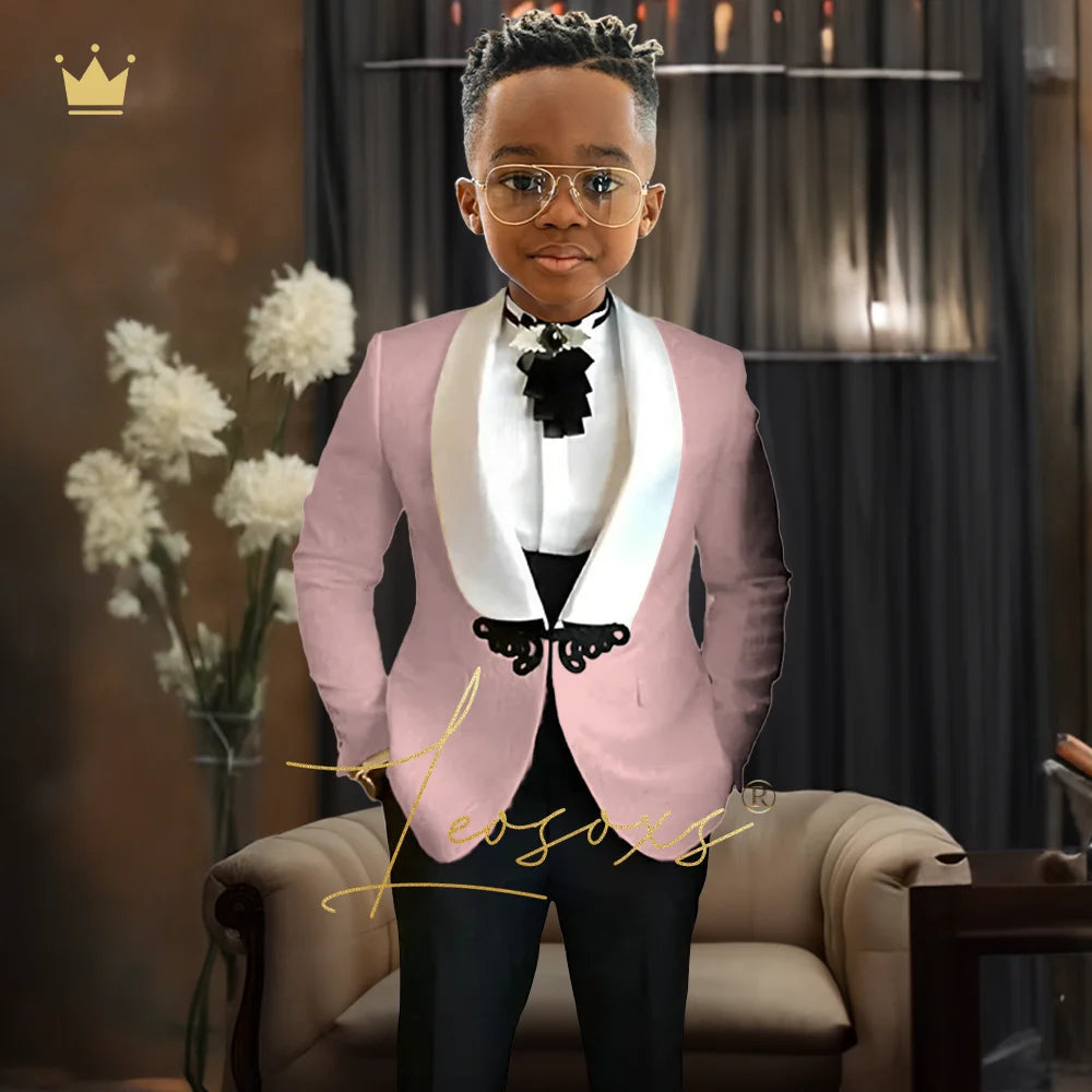 Boys Tuxedo Suit 2 Piece Set, Fashion Black Butterfly Button Jacquard Jacket Black Pants Elegant Slim Wedding Party Formal Wear