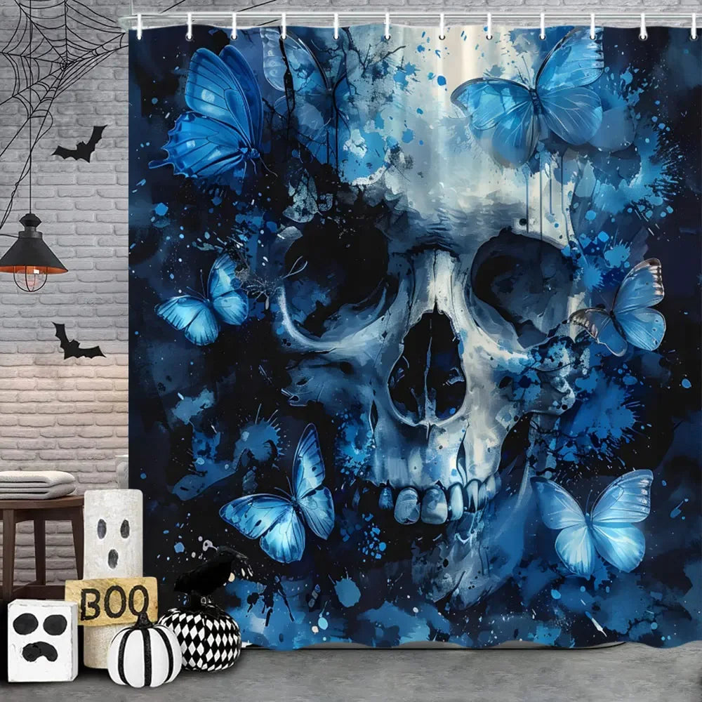 Spooky Horror Halloween Skeleton Crow Shower Curtain Black Bat Black Cat Polyester Fabric Bath Curtain Bathroom Decor With Hooks