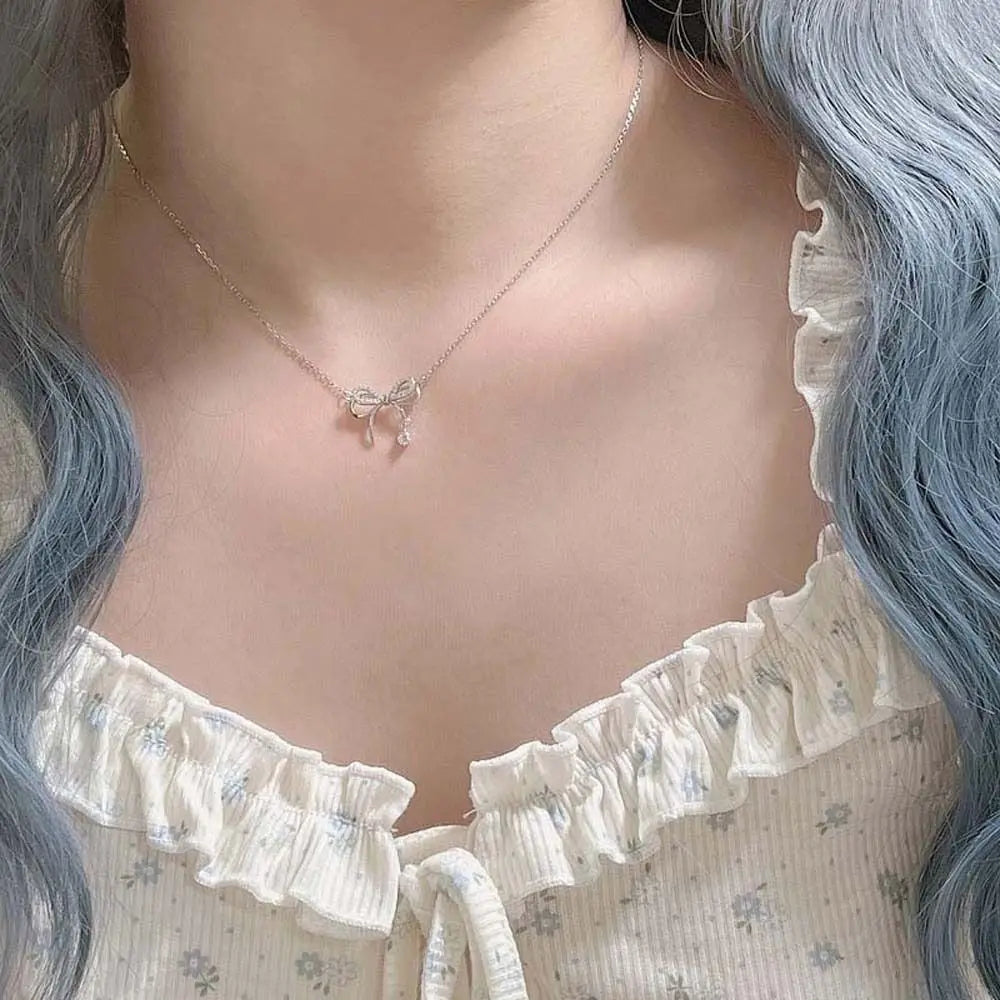 Bowknot Necklaces Jewelry Accessories Silver Bow Clavicle Chain Rhinestone Choker