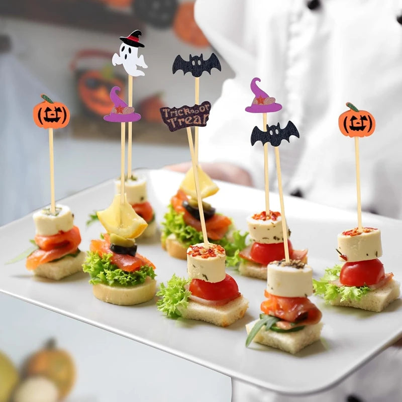 50/100Pcs Halloween Party Toothpicks Disposable Bamboo Skewers Pumpkin Ghost Fruit Fork Cake Dessert Cocktail Stick Decorations