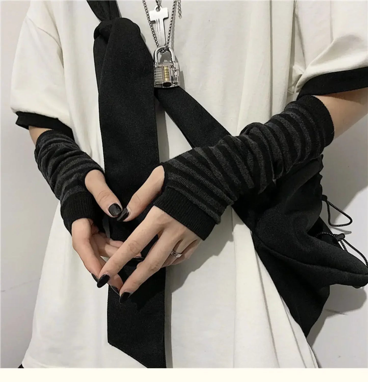 Punk EMO Style Streetwear Women Wrist Arm Warmer Knitted Long Fingerless Oversleeve Black Mitten Halloween CrossDark Moon