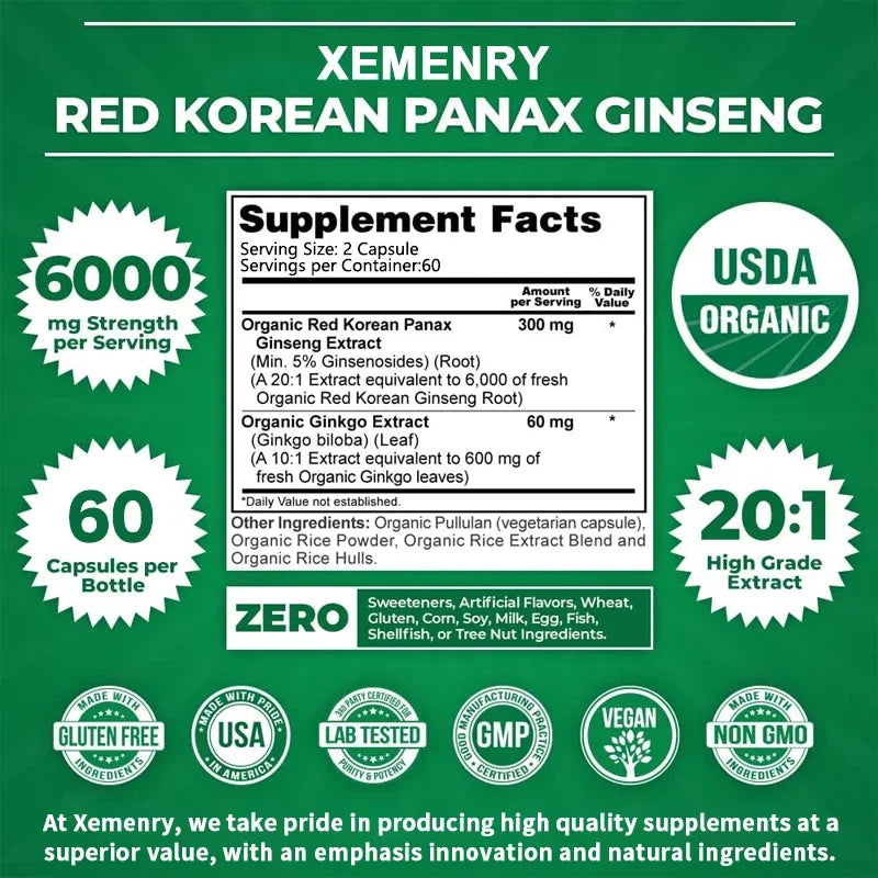 Pure Red Ginseng Extract - Energy Booster Natural Endurance Supplement for Performance, Focus, Vitality and Immune Support