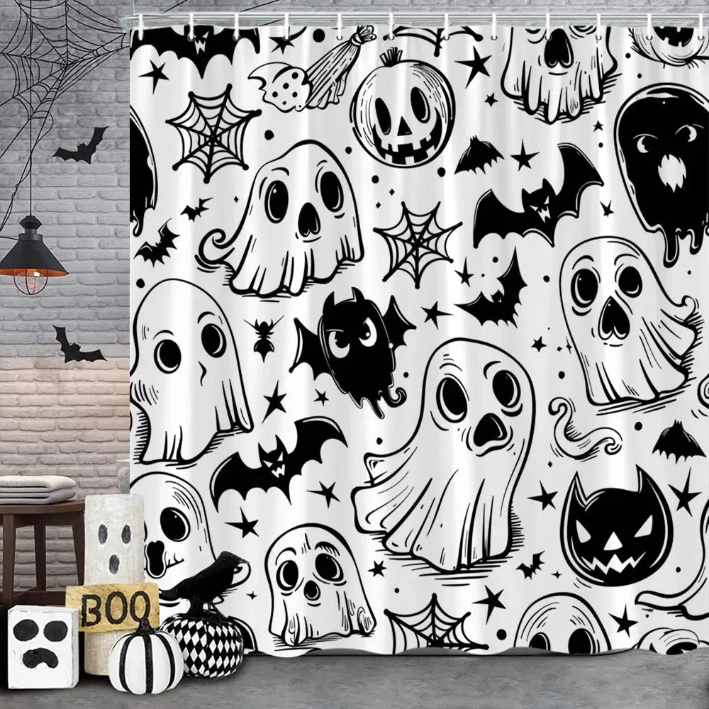 Spooky Horror Halloween Skeleton Crow Shower Curtain Black Bat Black Cat Polyester Fabric Bath Curtain Bathroom Decor With Hooks