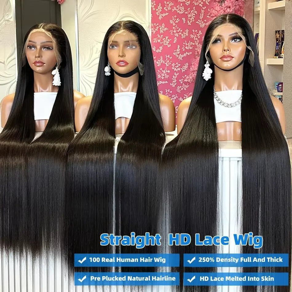 Bone Straight 13x6 HD Transparent Lace Frontal Wigs 30 34 Inch Brazilian 13x4 Lace Front Human Hair Wig 220% Density For Women