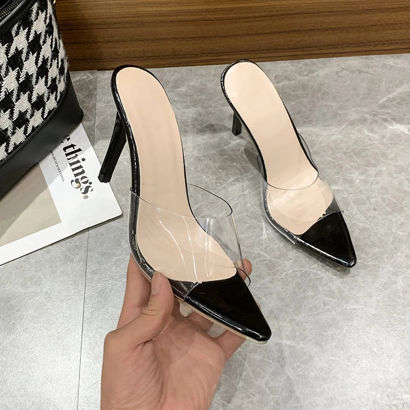 Trendy Sexy Heeled Ladies Pointed Open Toe Slip on Party Stiletto High Heel Clear Mule Slides Woman Nude Transparent Shoes