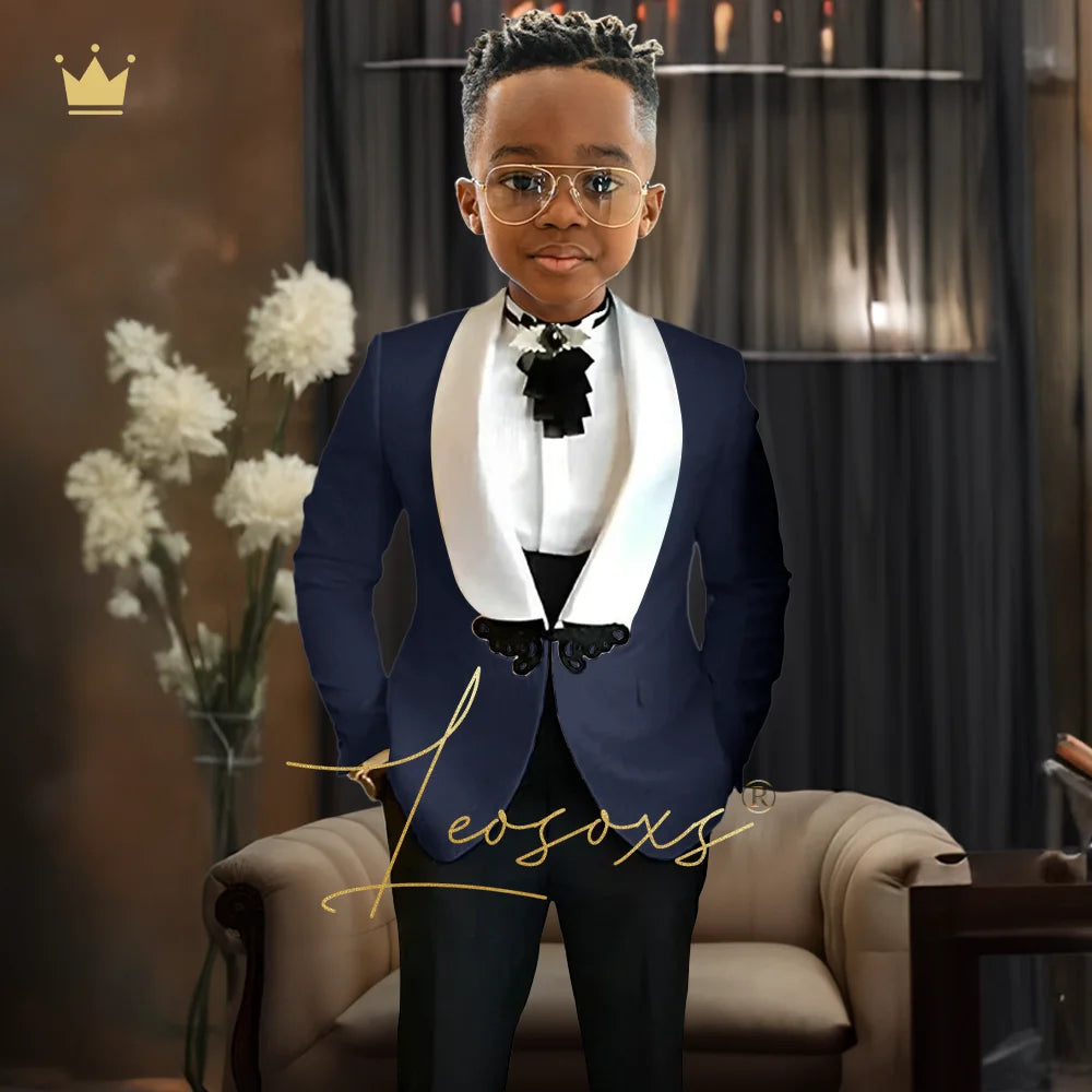 Boys Tuxedo Suit 2 Piece Set, Fashion Black Butterfly Button Jacquard Jacket Black Pants Elegant Slim Wedding Party Formal Wear