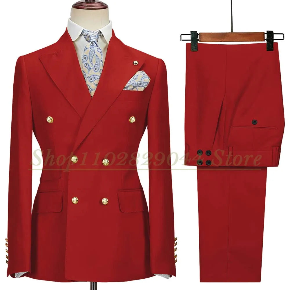 Blazer Hombre Yellow Suits for Men Chic Double Breasted Peak Lapel Elegant Wedding Full Set Male 2 Piece Jacket Pants 031D
