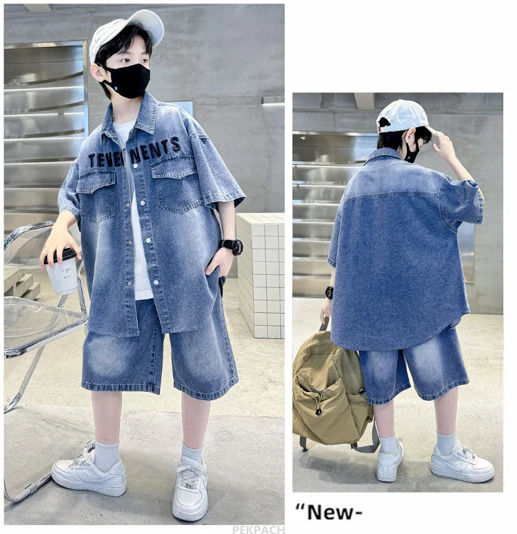 Boys Denim Suit Summer Clothes New Children's Short Sleeve Shirt + Shorts Sports Korean Tracksuit Sets Kids Luxury Clothing Suit