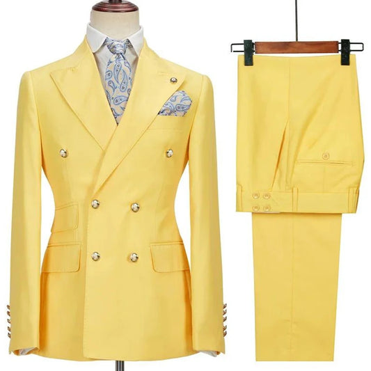 Blazer Hombre Yellow Suits for Men Chic Double Breasted Peak Lapel Elegant Wedding Full Set Male 2 Piece Jacket Pants 031D