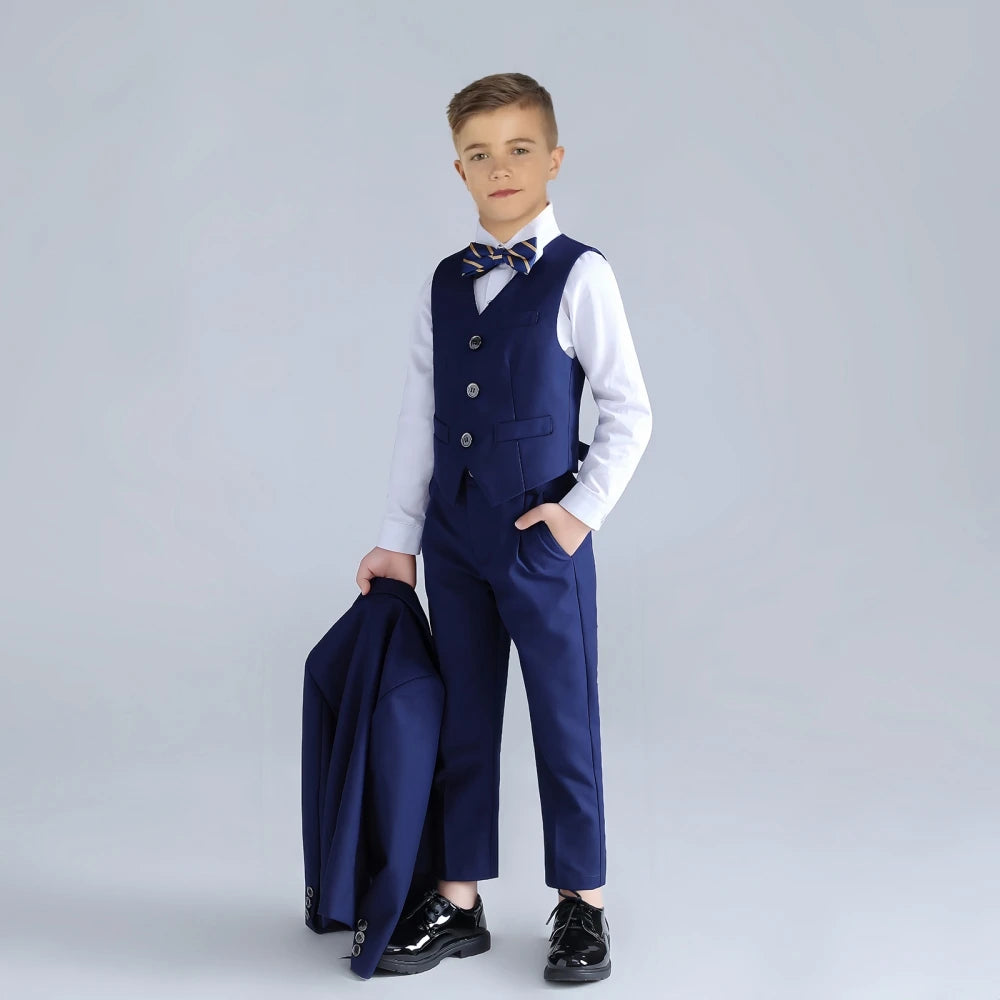 Boys Formal Slim Fit Suit Set 4 Pieces Two Colors Available Fast Delivery Notched Lapel Kids Suits Banquet Party Tuxedo 3-14T