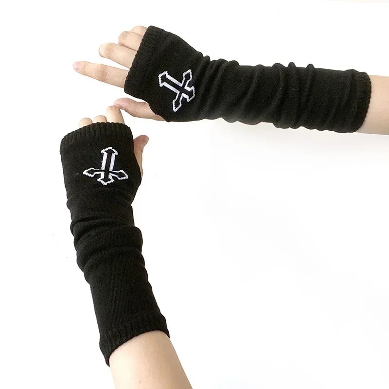 Punk EMO Style Streetwear Women Wrist Arm Warmer Knitted Long Fingerless Oversleeve Black Mitten Halloween CrossDark Moon