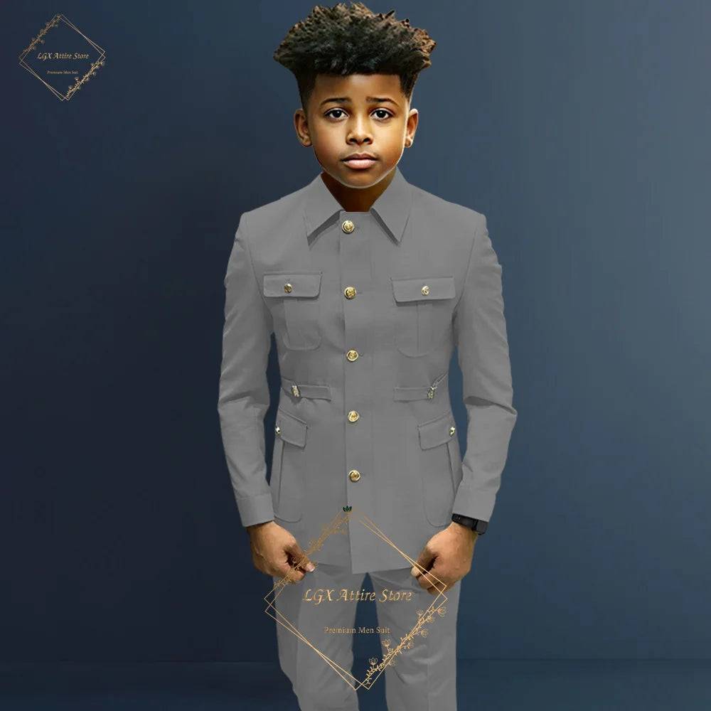 Boys single breasted formal suit 2 piece suit, boys Zhongshan suit style long coat classic design suitable for 2~16 years old