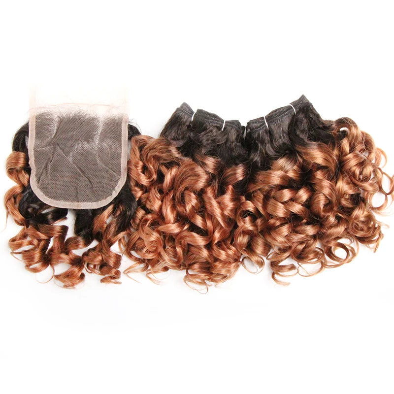 Curly Hair Bundles Brazilian Human Hair Weave 6 Bundles With Lace Closure Colored 1B/27/30/33/99J Short Hair Extension For Women