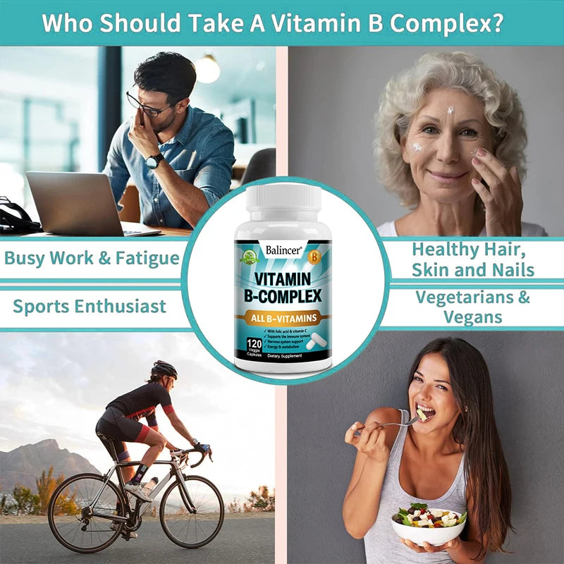 Vitamin B Complex Supplement, Containing Folic Acid and Vitamin C, Supports Energy, Immune Health, Antioxidant Supplement