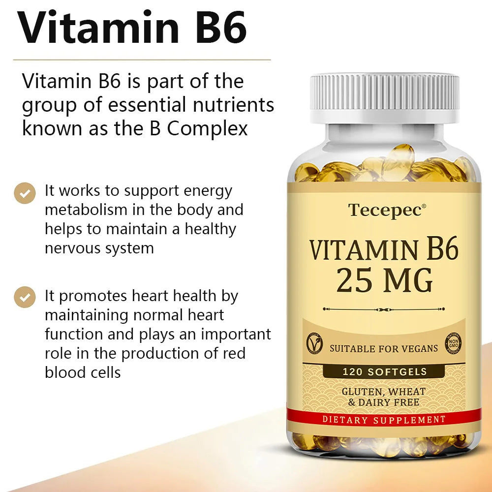 Vitamin B6 Supplement 25 Mg - Supports Energy Metabolism, Heart & Nervous System Health - Vegan Capsules, Gluten Free, NON-GMO