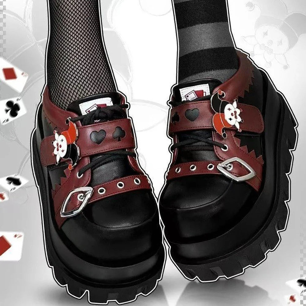 Street Style Girls Lolita Gothic Platform Shoes,Female Poker Joker Clown Decoration Elevator Shoes Halloween Gift