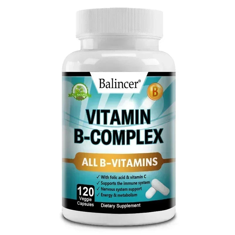 Vitamin B Complex Supplement, Containing Folic Acid and Vitamin C, Supports Energy, Immune Health, Antioxidant Supplement