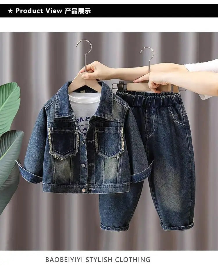 Boys Denim Suit Spring 2025 Spring Autumn New Style Children's Western-style Coat Boys' Fashionable Explosive Street 2 Piece Set