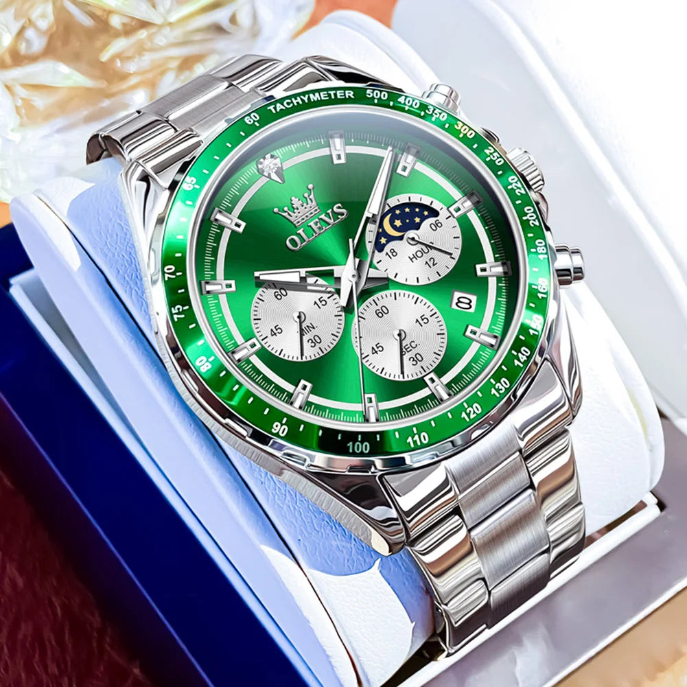 OLEVS Men's Watches Fashion Sports Green Watch For Men Multifunctional Quartz Wristwatches Men Waterproof Leather reloj hombre