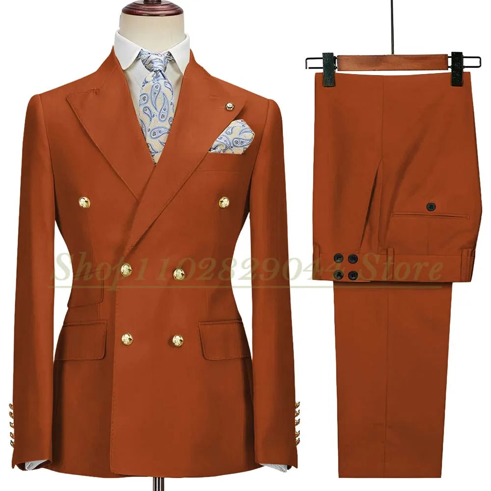 Blazer Hombre Yellow Suits for Men Chic Double Breasted Peak Lapel Elegant Wedding Full Set Male 2 Piece Jacket Pants 031D