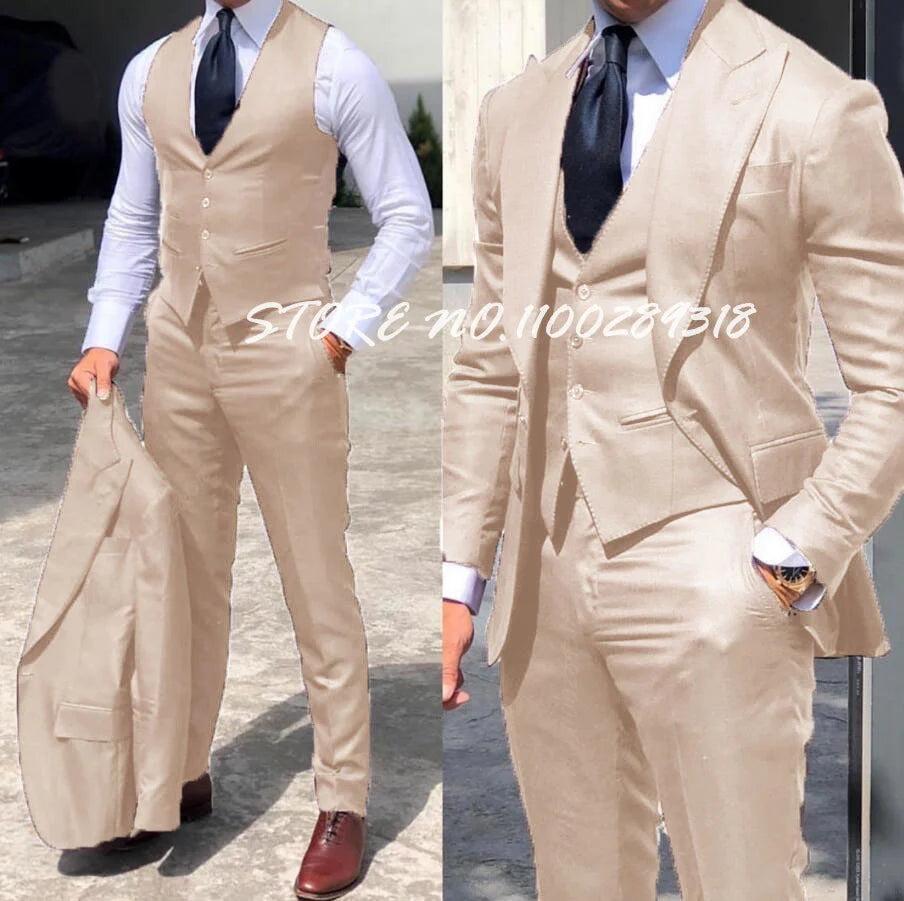 Classy Wedding Tuxedos Suits Slim Fit Suit For Men 3 Pieces Groomsmen Suit Formal Business Suit Costume Homme(Jacket+Vest+Pants)