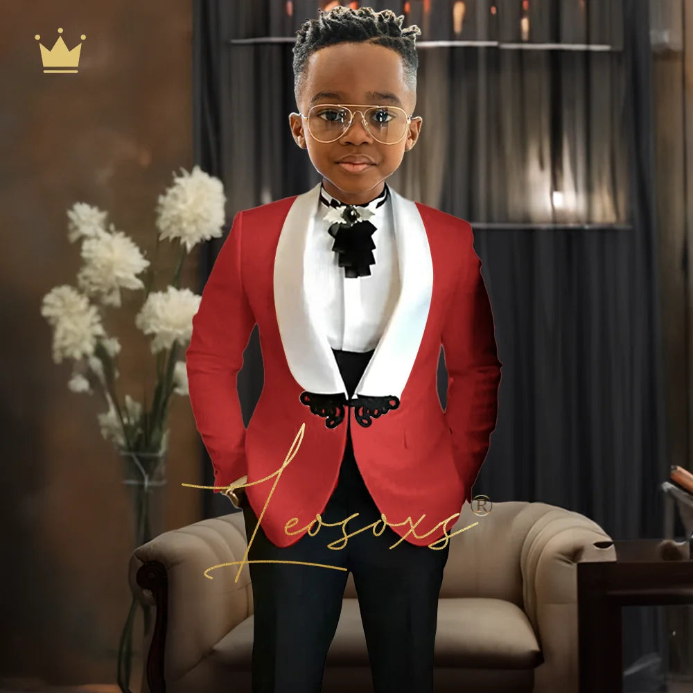 Boys Tuxedo Suit 2 Piece Set, Fashion Black Butterfly Button Jacquard Jacket Black Pants Elegant Slim Wedding Party Formal Wear