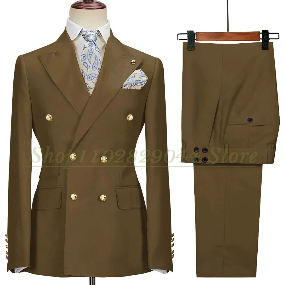 Blazer Hombre Yellow Suits for Men Chic Double Breasted Peak Lapel Elegant Wedding Full Set Male 2 Piece Jacket Pants 031D
