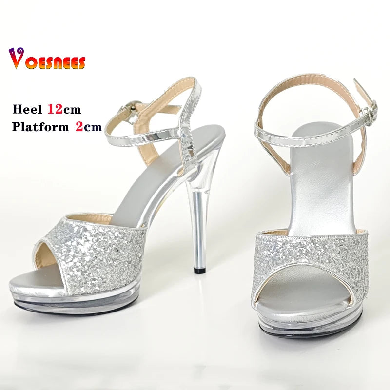 Transparent Slippers Ladies Clear PVC High Heeled Slippers Open Toe Daily Woman Sandals 12cm Sexy Show Crystal Shoes High Heels