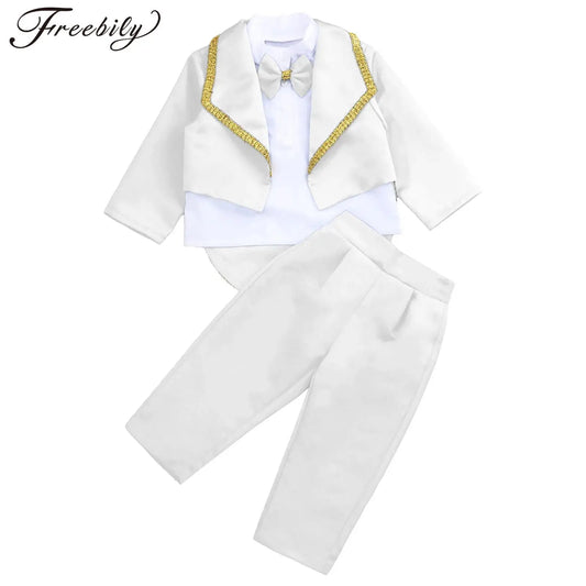 Toddler Baby Boys Formal Gentlemen Suit Long Sleeve Bowknot Tuxedo Tops with Pants Kids Wedding Party Banquet Christening Outfit