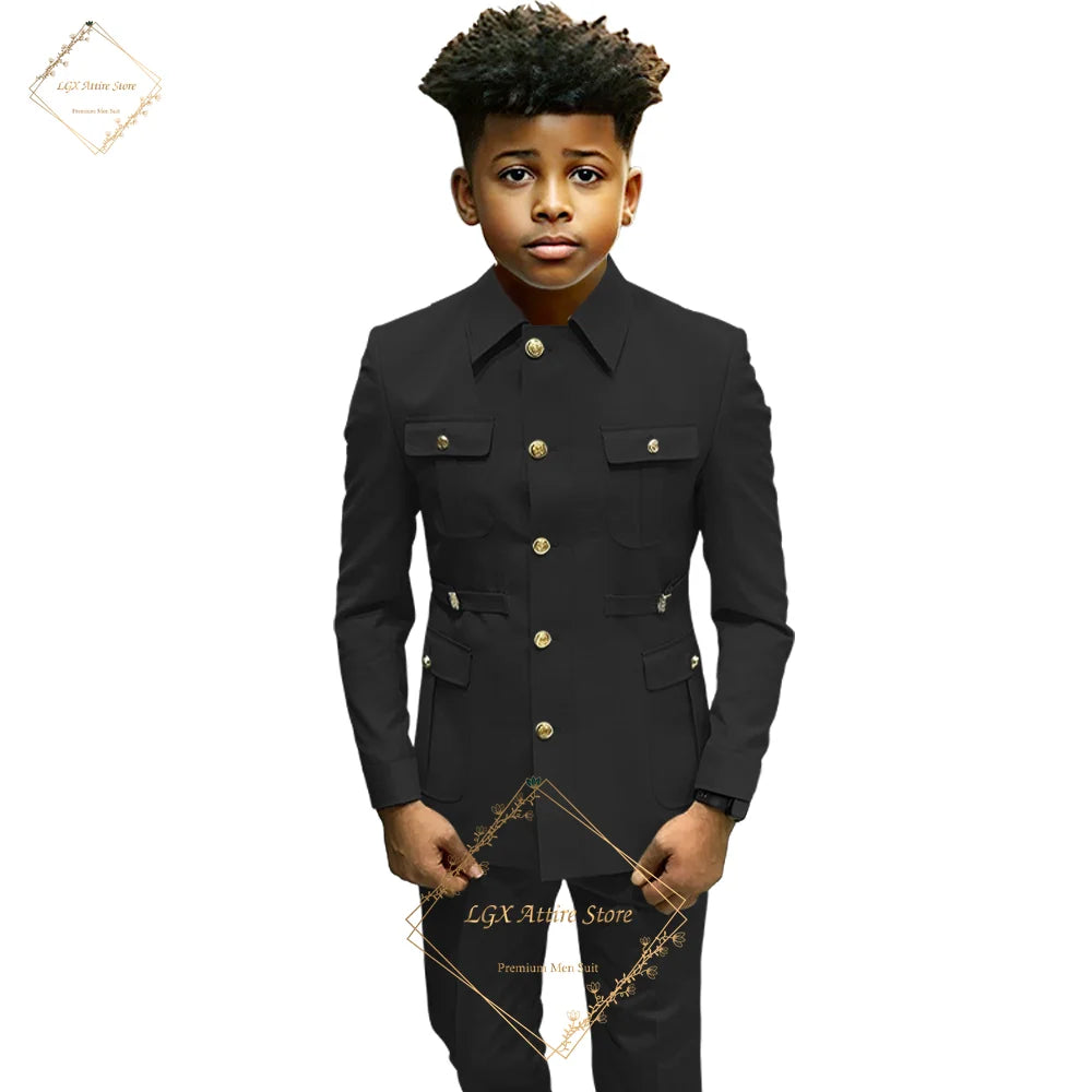 Boys single breasted formal suit 2 piece suit, boys Zhongshan suit style long coat classic design suitable for 2~16 years old