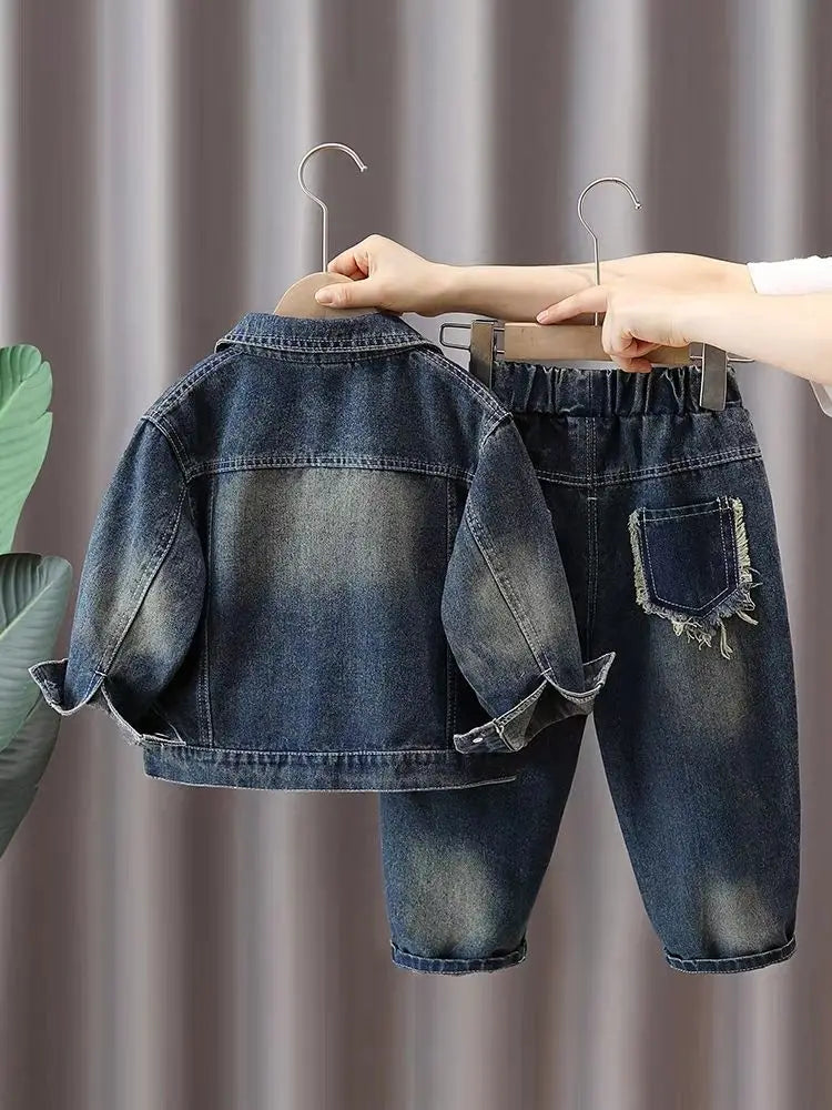 Boys Denim Suit Spring 2025 Spring Autumn New Style Children's Western-style Coat Boys' Fashionable Explosive Street 2 Piece Set