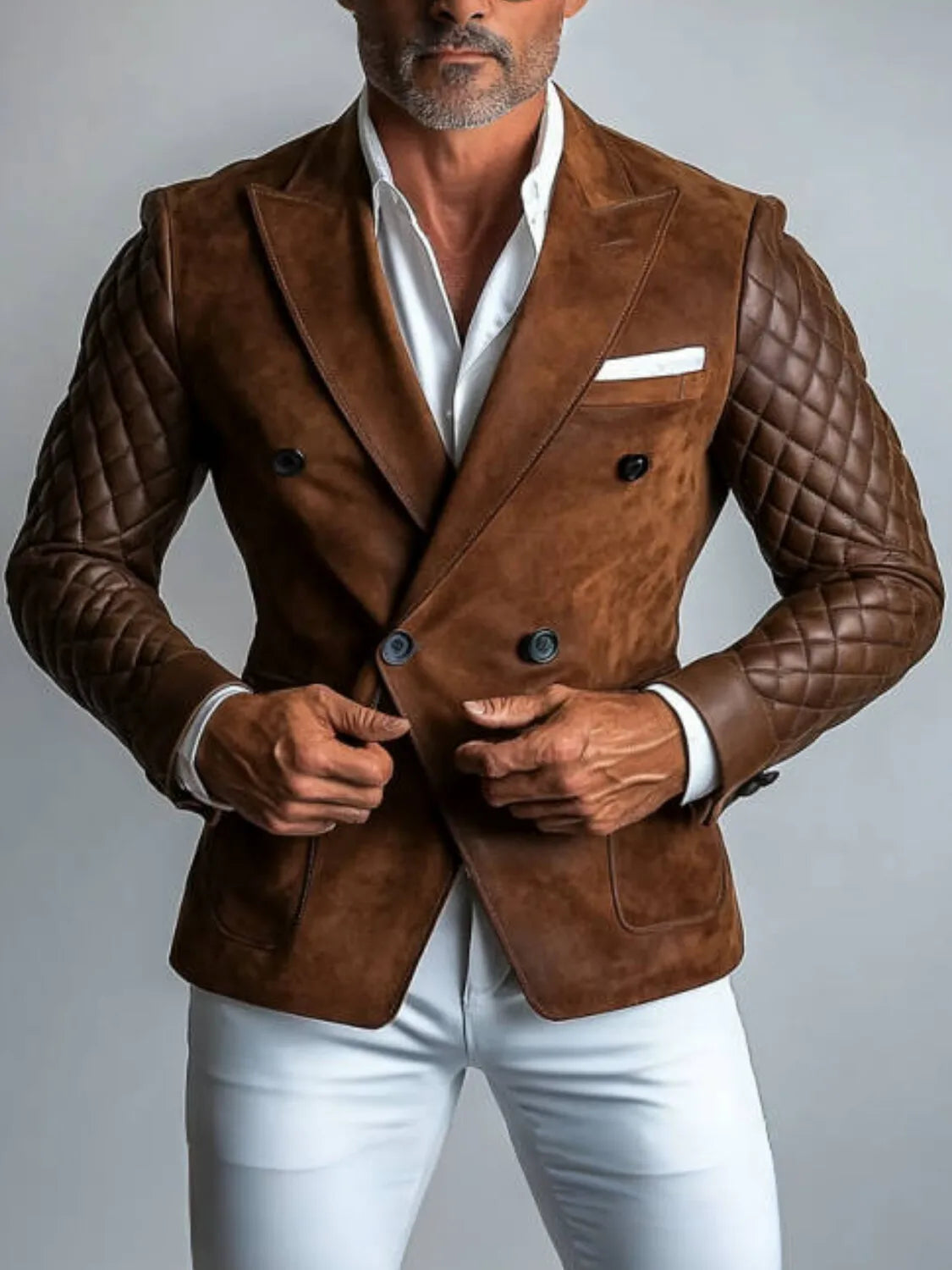 Classic Men's Suit Blazer Pu Splicing Notch Lapel Tuxedo Fashionable Slim Autumn And Winter Business Party Suit Jacket