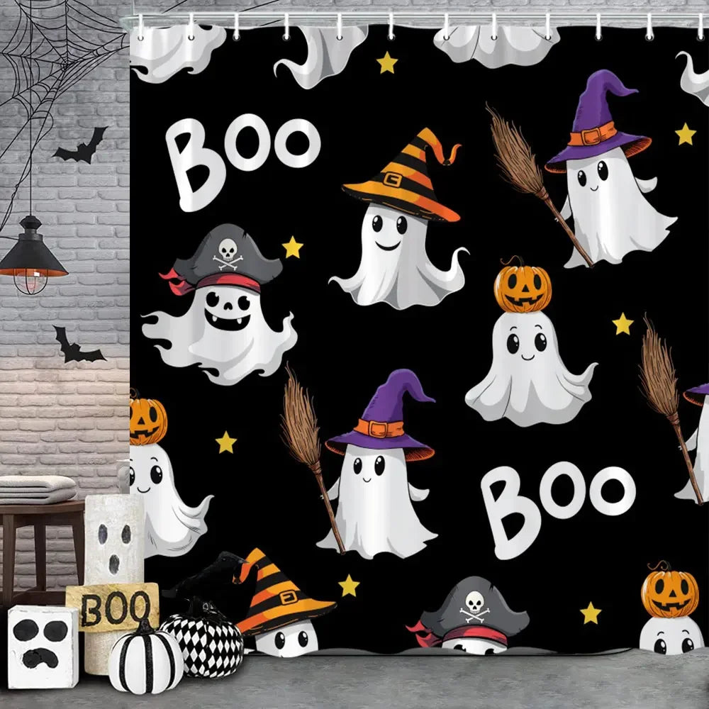 Spooky Horror Halloween Skeleton Crow Shower Curtain Black Bat Black Cat Polyester Fabric Bath Curtain Bathroom Decor With Hooks