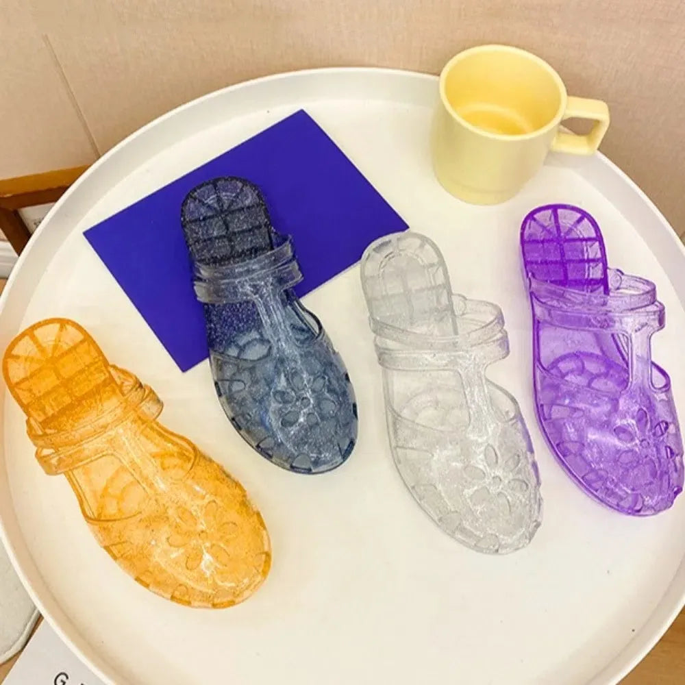 Transparent PVC Crystal Slippers Cover Toe Hollow Flower Flats Slippers Women Beachwear Shoes Anti Slip Slides Sandals Indoor