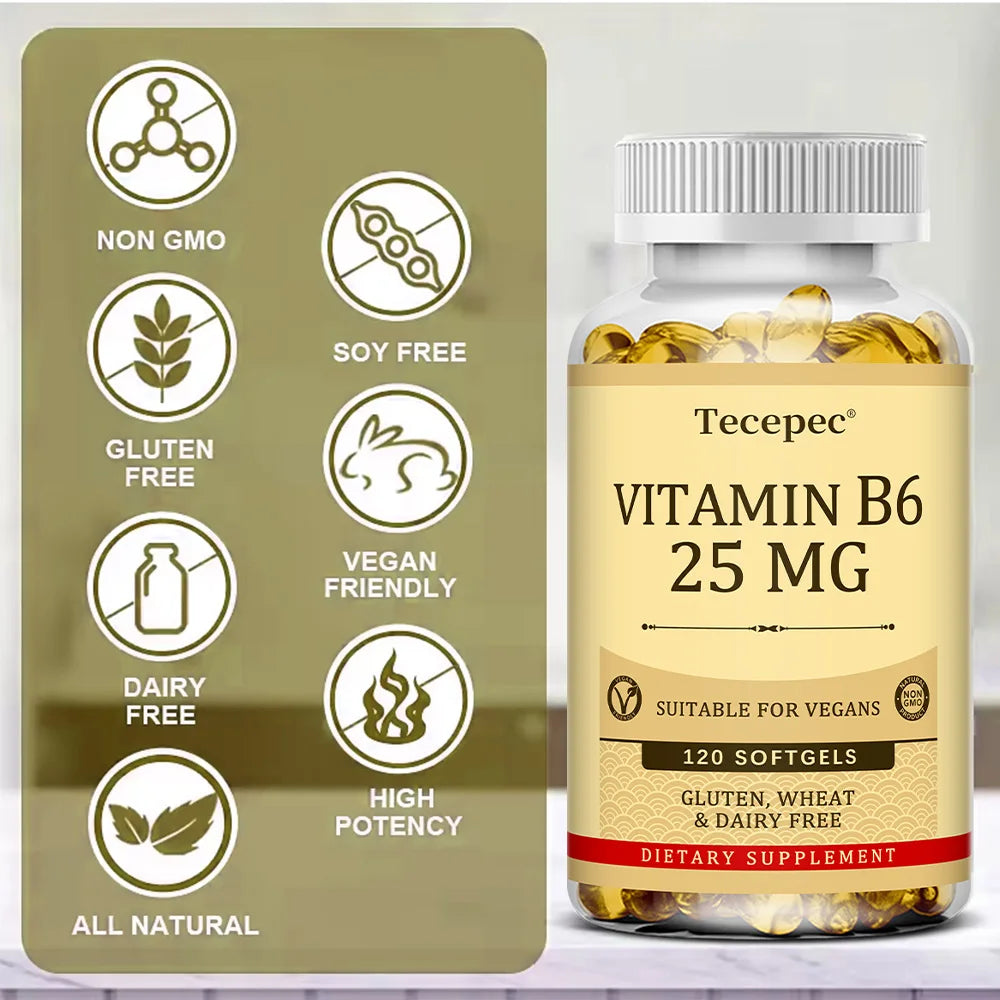 Vitamin B6 Supplement 25 Mg - Supports Energy Metabolism, Heart & Nervous System Health - Vegan Capsules, Gluten Free, NON-GMO
