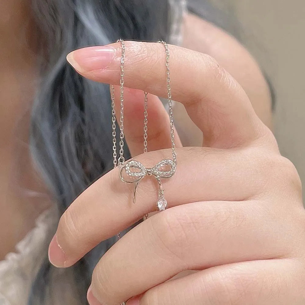 Bowknot Necklaces Jewelry Accessories Silver Bow Clavicle Chain Rhinestone Choker