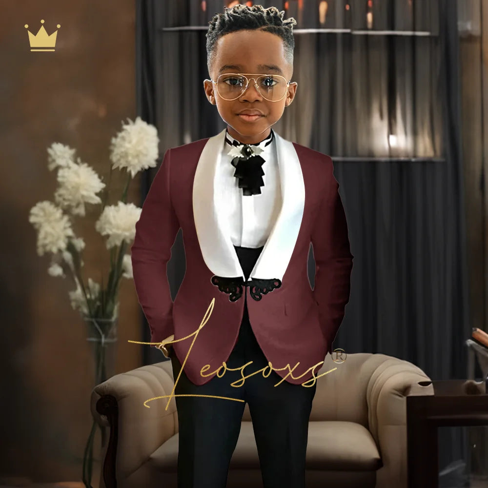 Boys Tuxedo Suit 2 Piece Set, Fashion Black Butterfly Button Jacquard Jacket Black Pants Elegant Slim Wedding Party Formal Wear