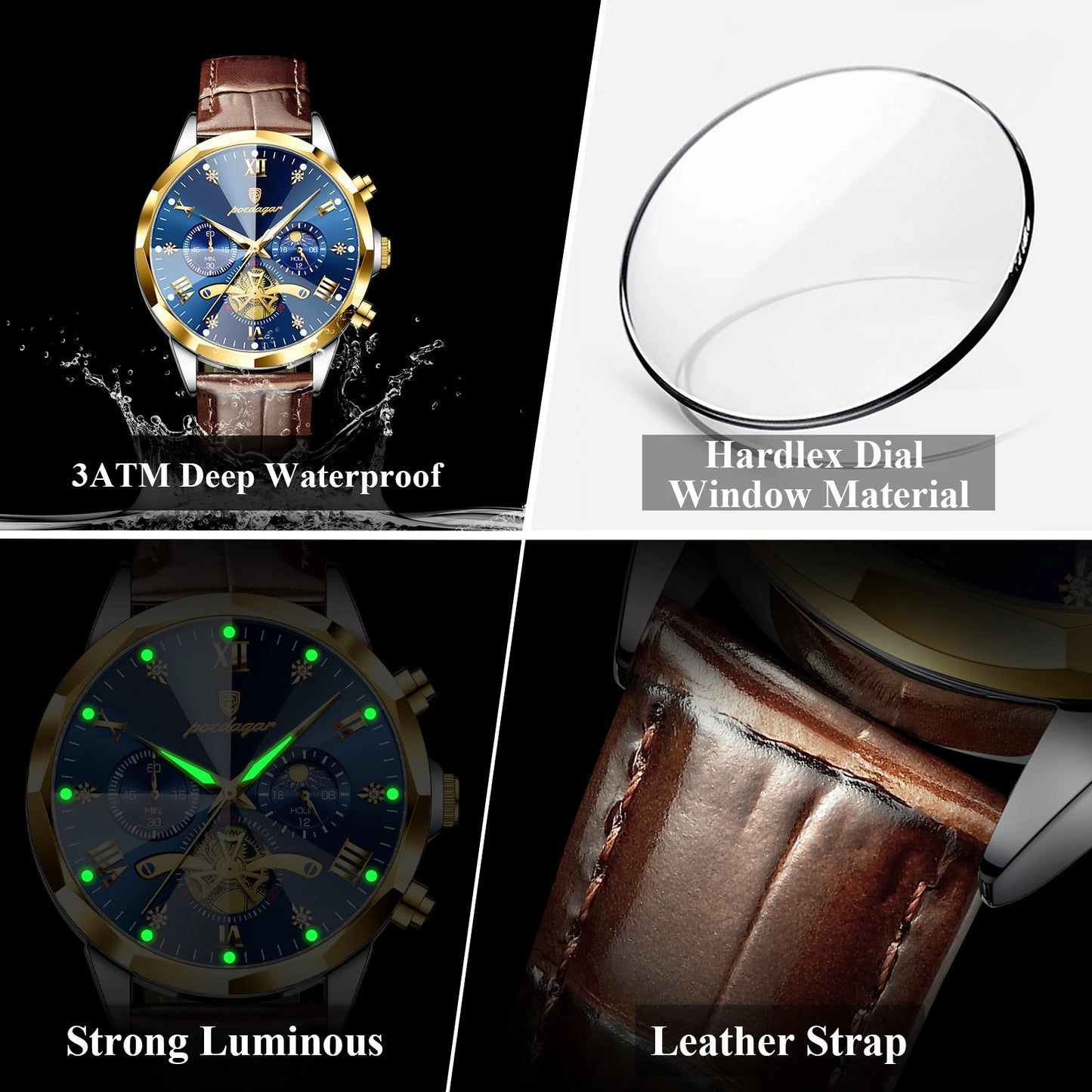 POEDAGAR Military Luxury Men Wristwatch Quartz Waterproof Luminous Chronograph Leather Man Watch Sports Men's Watches Male Reloj